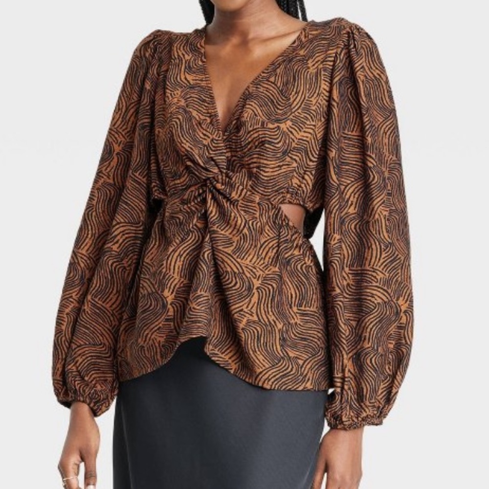 Women's Puff Long Sleeve V-Neck Twist-Front Top A New Day™ Brown/Black L NWOT